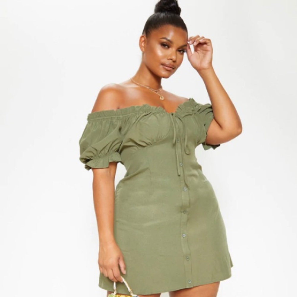 Plus Khaki Bardot button front shift dress